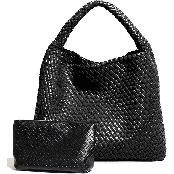 Elegant Hand Woven Vegan Leather Hobo Bag with Clutch - Large Capacity Design - Picture 1 of 7